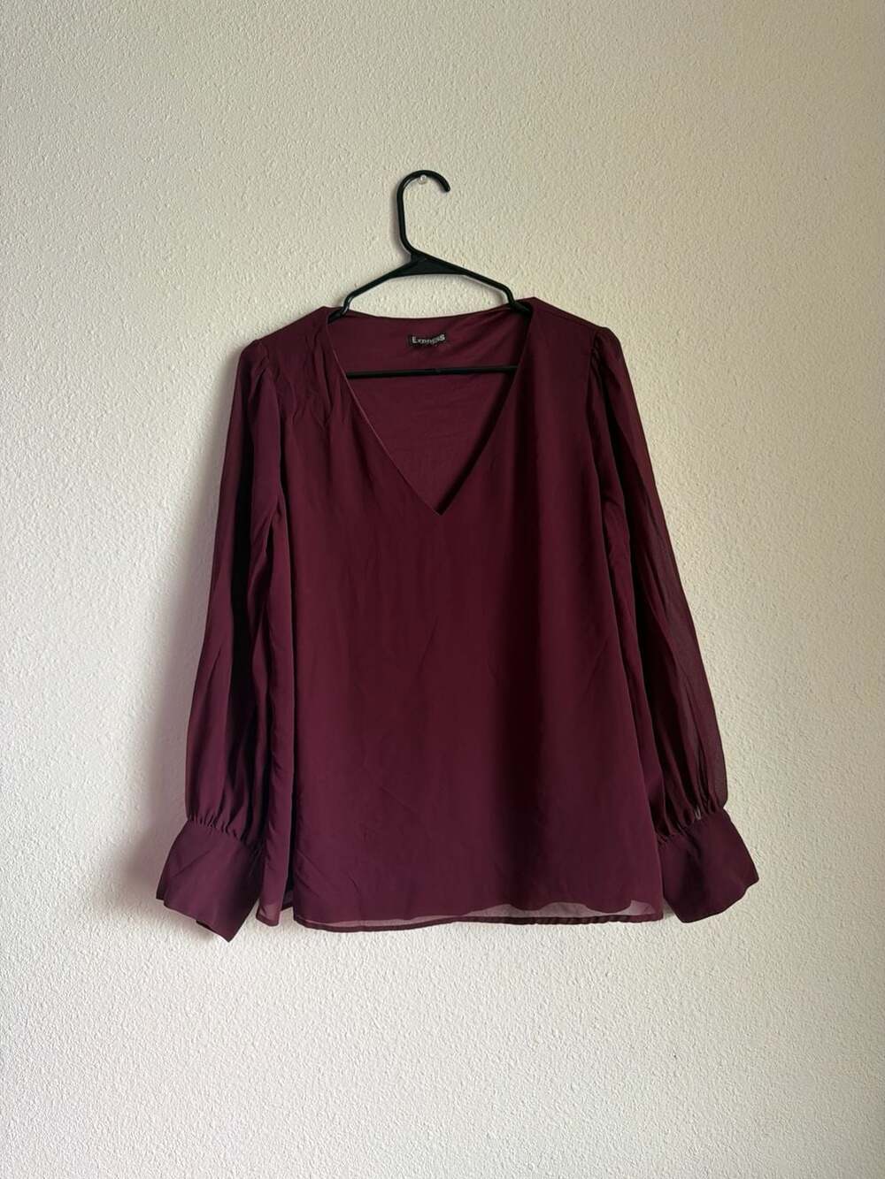 Express Burgundy V-Neck Sheer Pleated Sleeve Blouse Size L